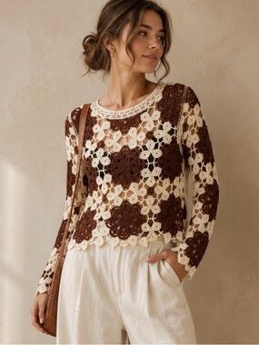 CLOTH by Design Floral Crochet Sweater M/L Cream Brown Boho Open Knit